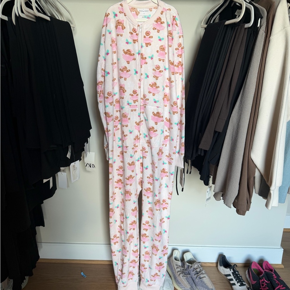Posh Peanut Pink Women's One-Piece Pajama Jumpsuit with Teddy Print XS NWOT